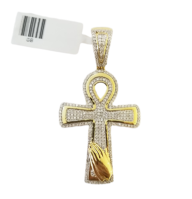 10K Yellow Gold Real Diamond Praying Hand Cross Pendent Jesus Charm