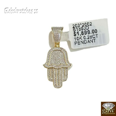 Real 10k Yellow Solid Gold Diamond Hamsa Hand Charm with 26" Miami Cuban Chain