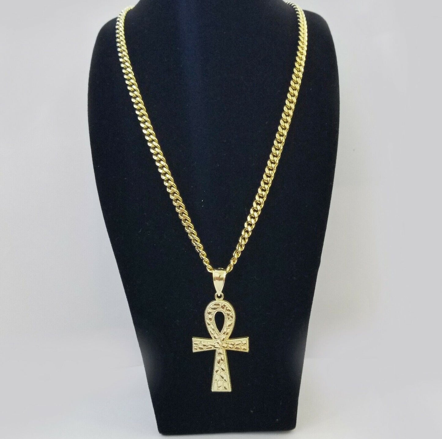 Real 10k Yellow Gold Ankh Cross Charm 20" Inch 6mm Miami Cuban Chain