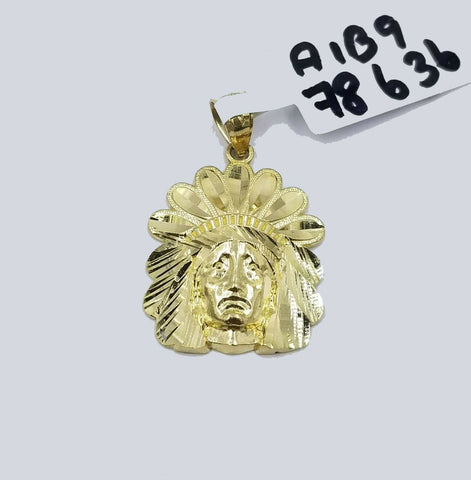 Real 10K Gold Indian Head Charm Pendant in 2.5mm Rope Chain 18 20 22 24 26 Inch