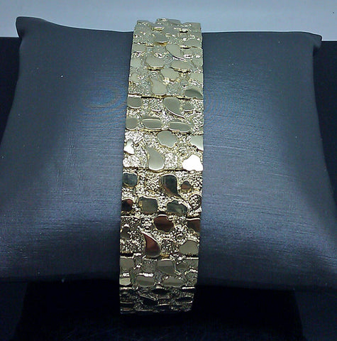 REAL 10K Yellow Gold Men Nugget Link Bracelet Thick 9 Inche