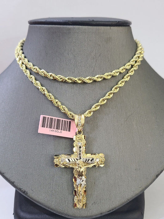 14k Yellow Gold Rope Chain & Jesus Nugget Cross Charm SET 4mm 18 Inches Necklace