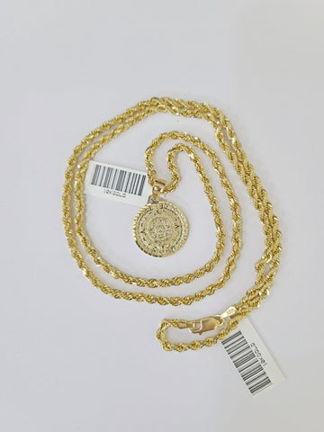 10k Gold Mayan Calendar Pendant Rope Chain 3mm 18'' Necklace Set Real Yellow