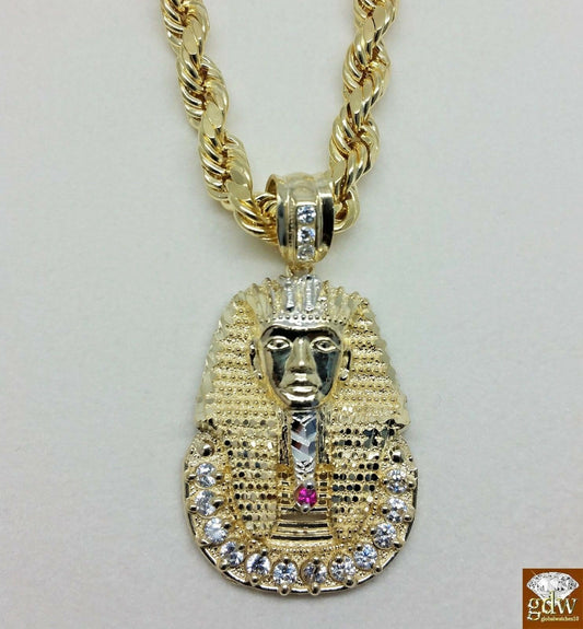 Real 10k Rope Chain Necklace 22" Inch Pharaoh Head Charm Pendant