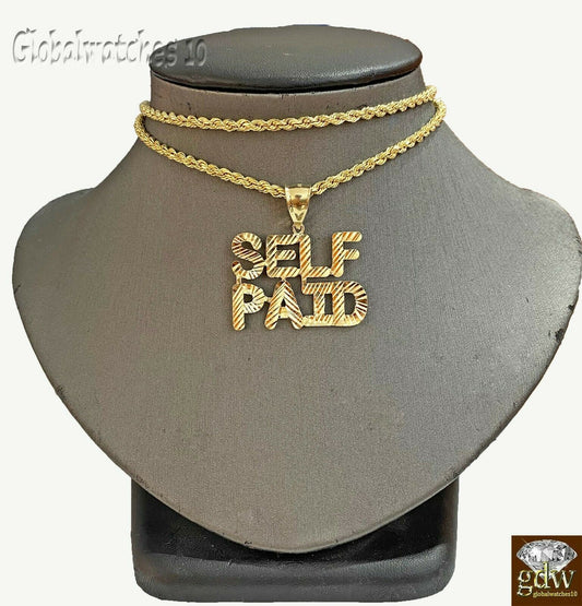 Real 10k Gold Mens Self Paid Charm Pendant with Rope Chain in 20 22 24 26 Inch