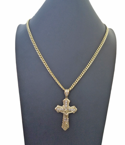 10K Yellow Gold Jesus Cross Pendent 5mm  20" 22"24"26"28" Inch Miami Cuban Chain