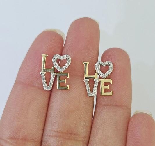 10k Yellow gold LOVE Heart Earrings Real Diamond screw-back Women Men studs