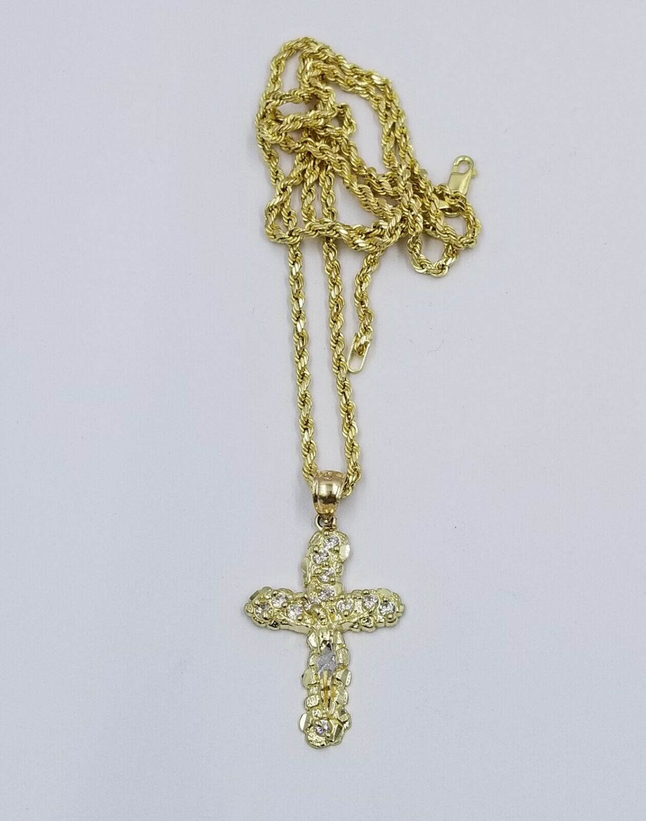 10k Yellow Gold Crucifix Cross Charm Jesus Pendant Rope Chain 18 20 22 24 26