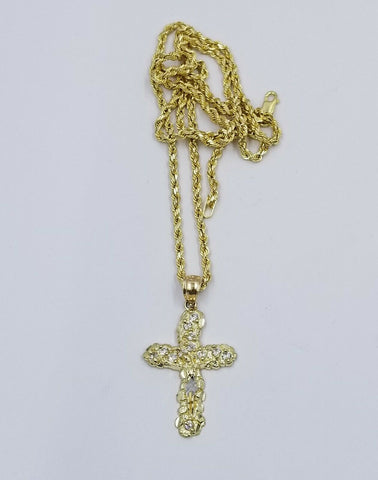 10k Yellow Gold Crucifix Cross Charm Jesus Pendant Rope Chain 18 20 22 24 26