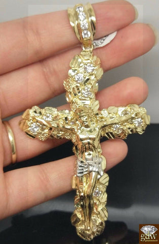 Solid Real 10k Gold Nugget Jesus Crucifix Cross Pendant Charm