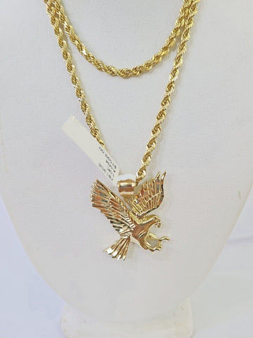 10k Gold Flying Eagle Pendant Rope Chain 3mm 24'' Necklace Set Real Genuine