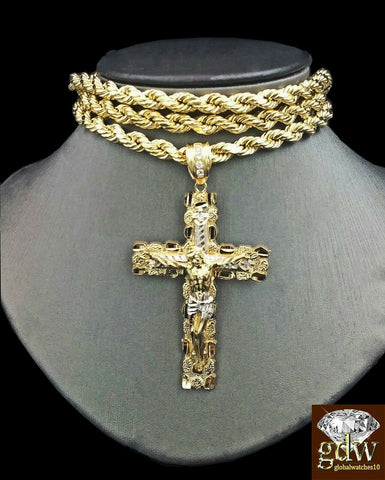 Real 10K Yellow Gold 28 Inch Rope Chain with Jesus Cross Charm Pendant