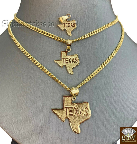 10k Yellow Gold Solid Texas Map Charm Pendant with Miami Cuban Chain 20" 22" 24"