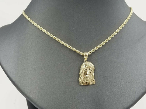 Real 10k Yellow Gold Jesus Head Charm Rope Chain 2.5mm 18" 20" 22" 24' 26" 28"