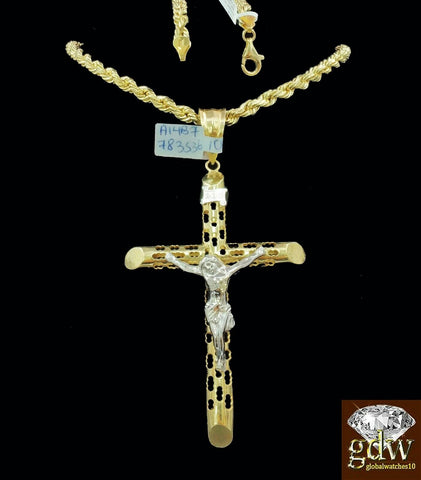 Real 10k Yellow & White Gold Jesus Cross Charm/Pendant with 24 Inch Rope Chain.
