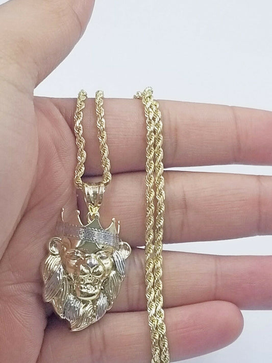 10k Gold Crown Lion Head Charm Diamond Cut 2.5mm 18" 20" - 26" Rope Chain