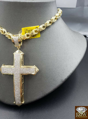Real 10k Gold Byzantine Chain Necklace 26" &Genuine 1.20CT Diamond Cross pendant