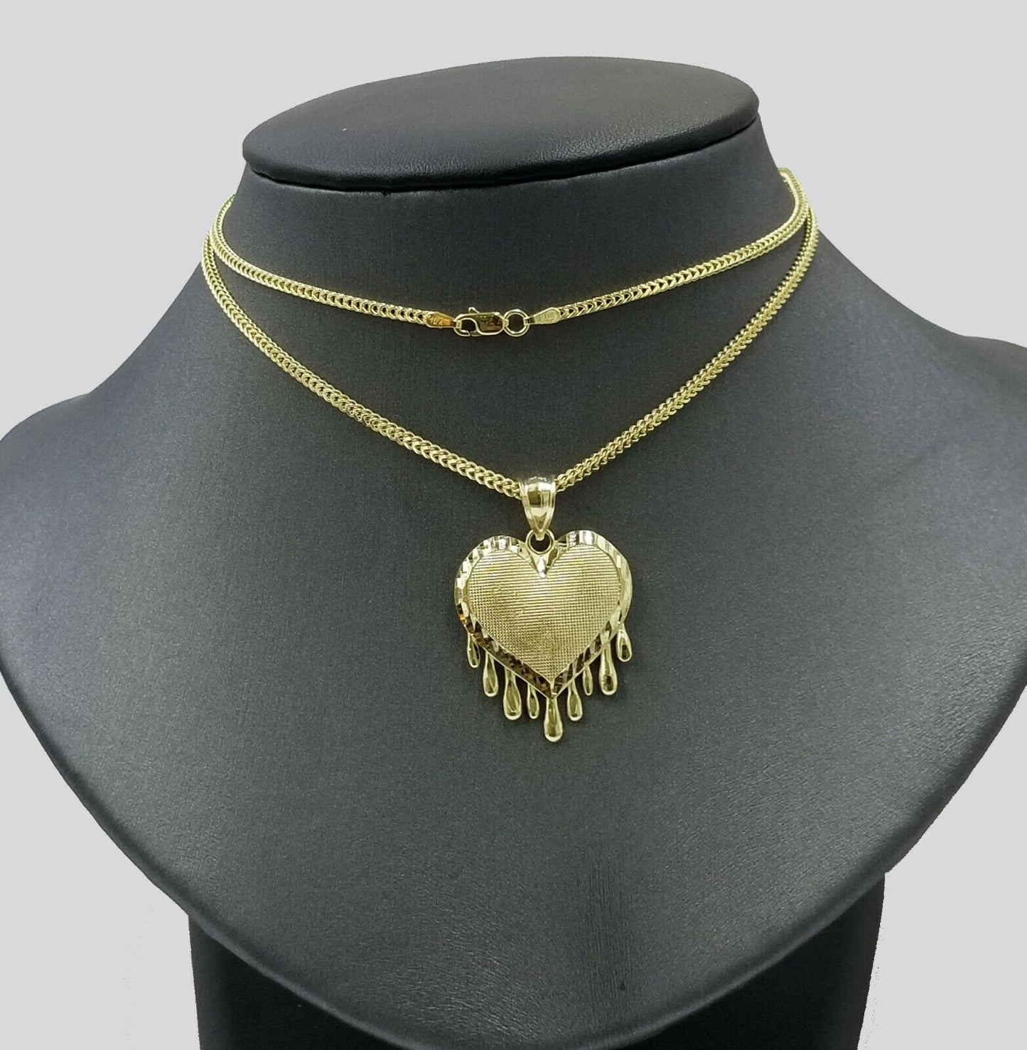 Real 10k Yellow Gold Charm Pendant Dripping heart with Franco Chain 22" 2mm