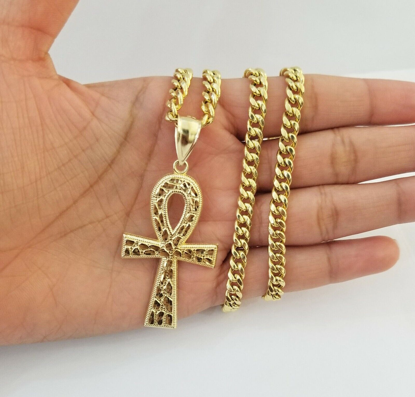 Real 10k Yellow Gold Men Jesus Cross Charm with 20" Inch 6mm Miami Cuban Chain