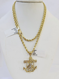 10k Gold Anchor Jesus Pendant Rope Chain 3mm 22'' Necklace Set Diamond Cut