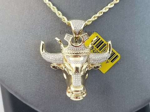 Real 10k Yellow Gold Cow Head Diamond Unique Bull Horn Head Men's Charm Pendant