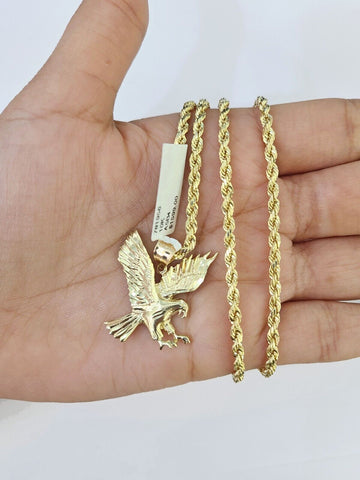 10k Gold Flying Eagle Pendant Rope Chain 3mm 18'' Necklace Set Real Genuine