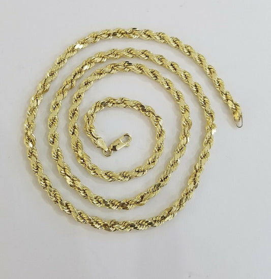 REAL 10K Yellow Gold Rope Chain Necklace Diamond Cuts 4mm 22" Men Women 10kt