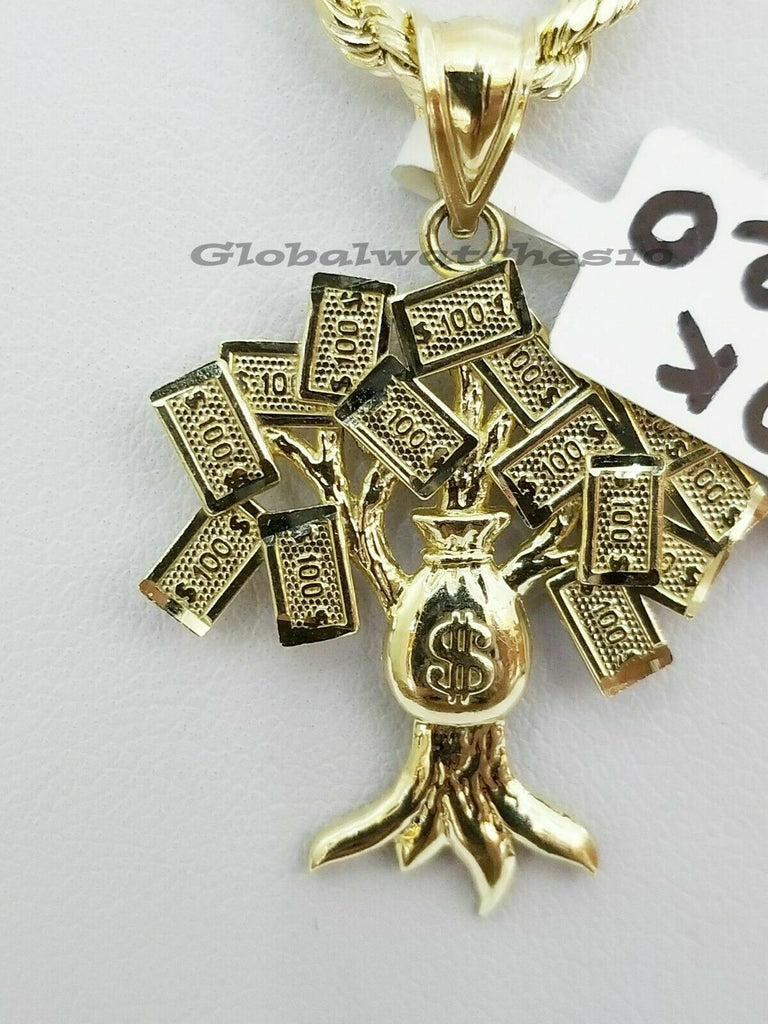 10K Gold $100 Tree Charm Pendant with Rope Chain 2.5mm 18" 20 22 24 26 inch Real