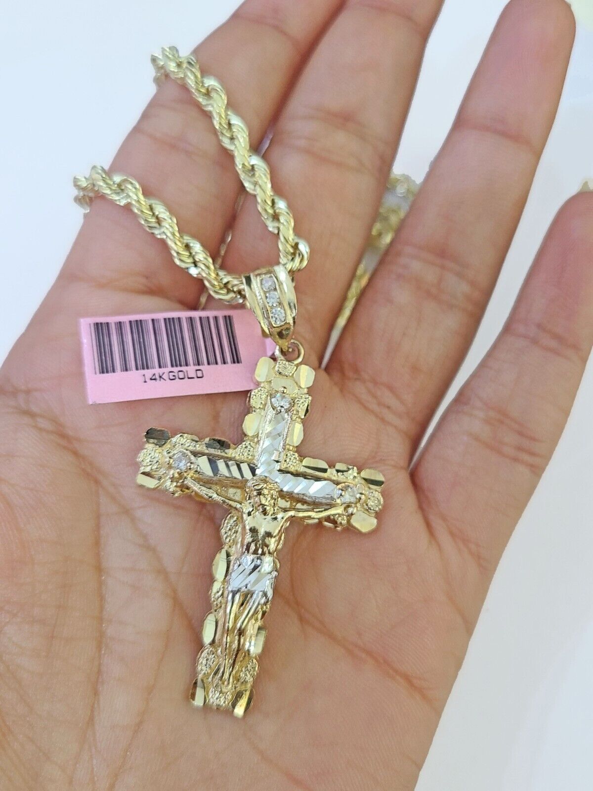 14k Yellow Gold Rope Chain & Jesus Nugget Cross Charm SET 3mm 22 Inches Necklace