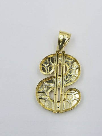 Real 10K Gold Dollar$ Charm Nugget Pendant with Miami Cuban Chain in 22 24 Inch