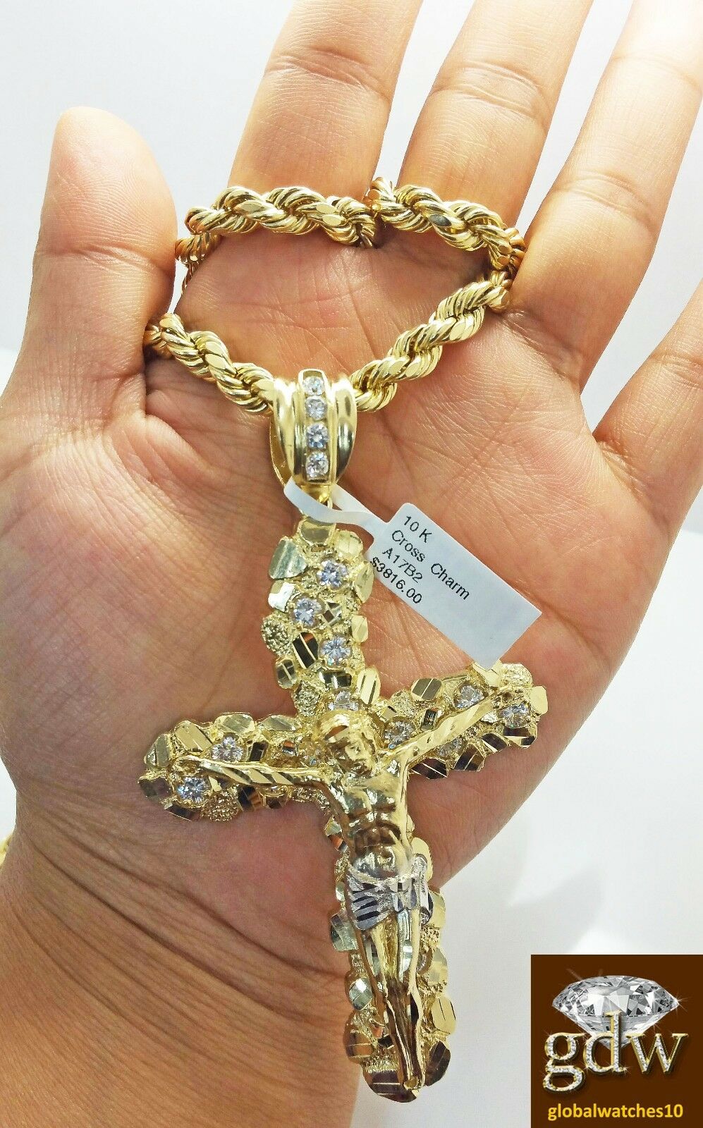 Real 10k Yellow Gold Rope Chain 22" 7mm Real 10k Jesus Cross Charm pendant