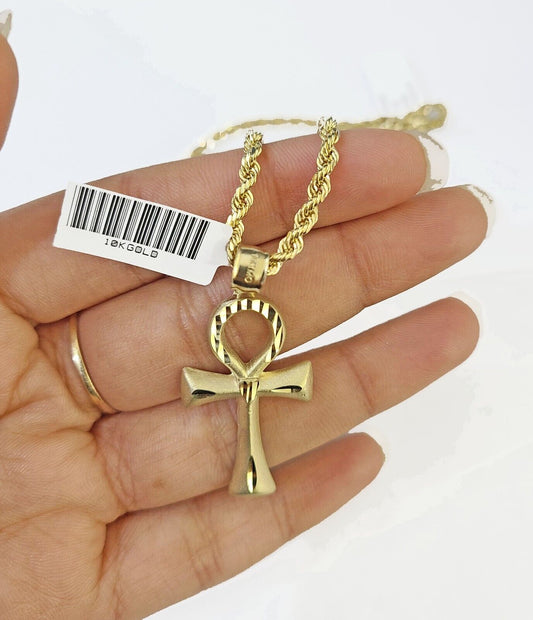 10k Gold Rope Chain & Ankh Cross Charm Pendent SET 3mm 22Inches Necklace