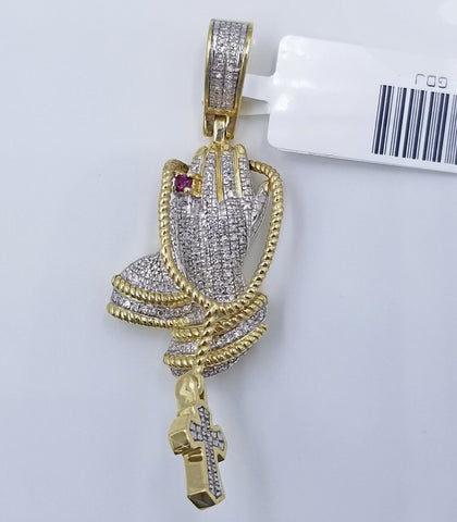 Real 10k Yellow Gold Praying Hand Cross Pendant Real Diamond Charm