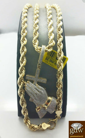Real 10k Yellow Gold & Diamond Guardian Praying Hand with 28 Inches Rope Chain.