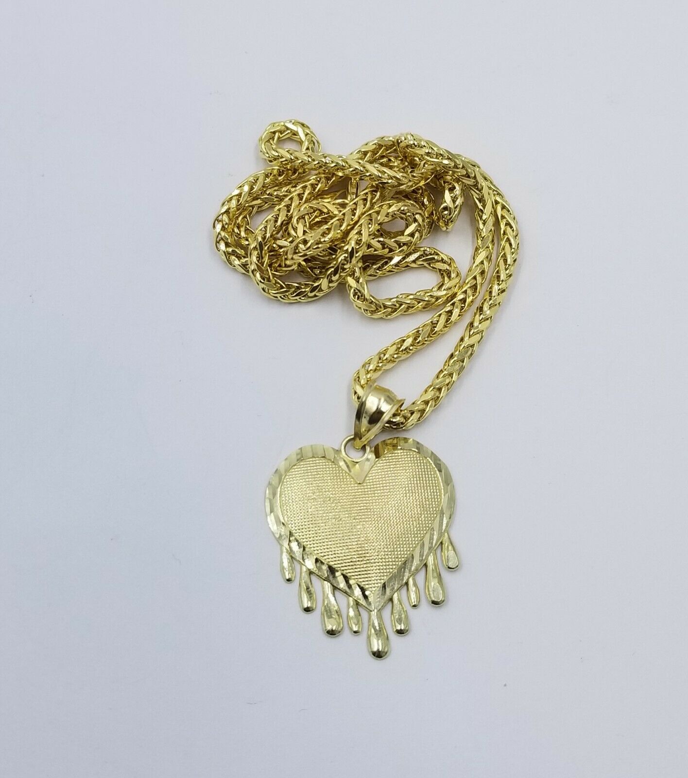 10k Dripping Heart Yellow Gold Diamond Cut Pendant Palm Chain 20" 3mm