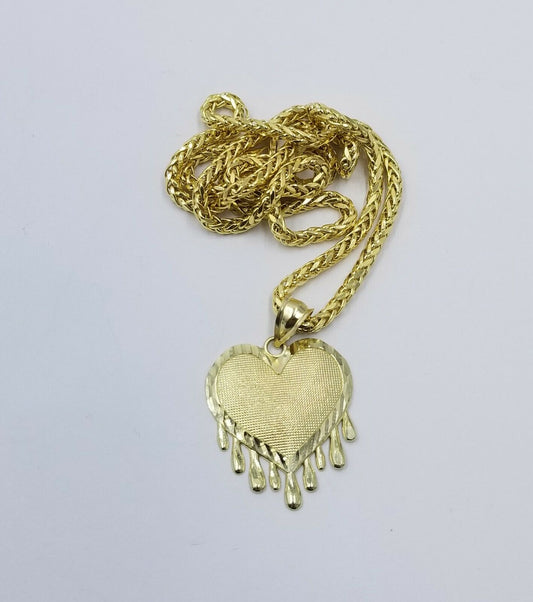 10k Dripping Heart Yellow Gold Diamond Cut Pendant Palm Chain 20" 3mm