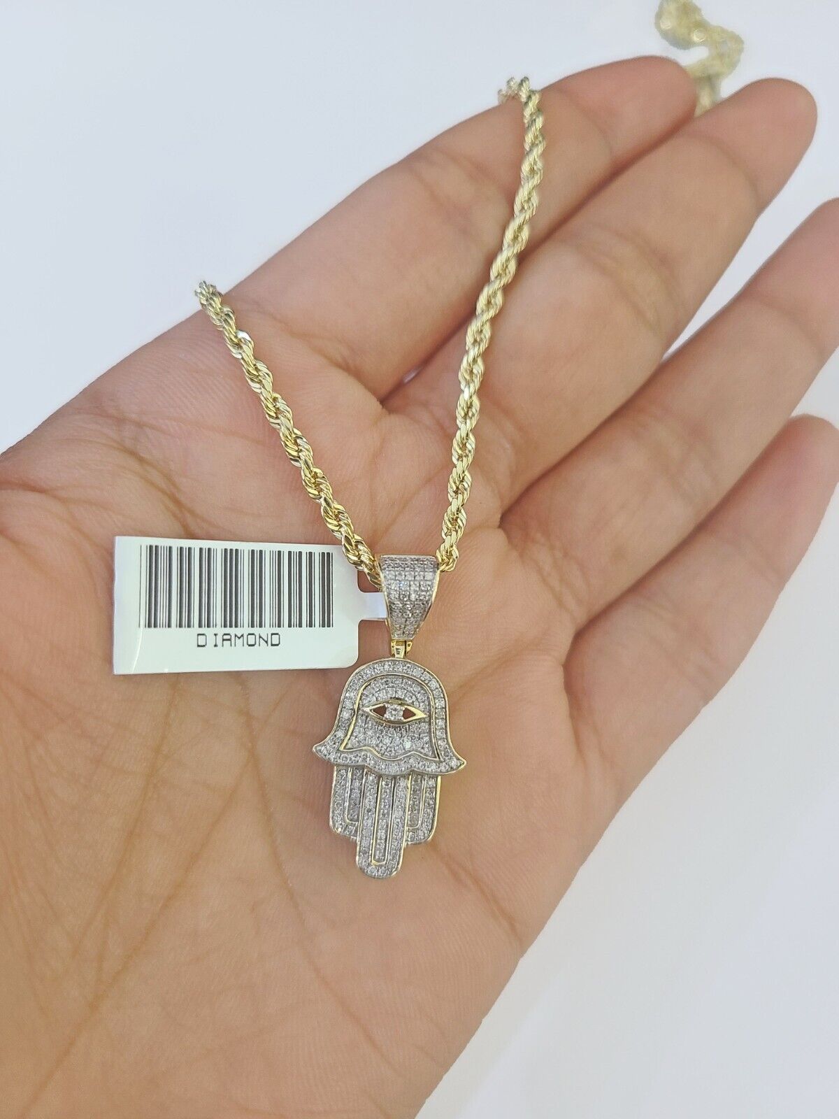 10k Yellow Gold & Diamond Hamsa Hand Charm and 20" inches Rope Chain