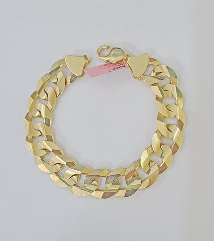 14K Real Yellow Gold Cuban Curb Bracelet 15mm Link 9" inch Genuine