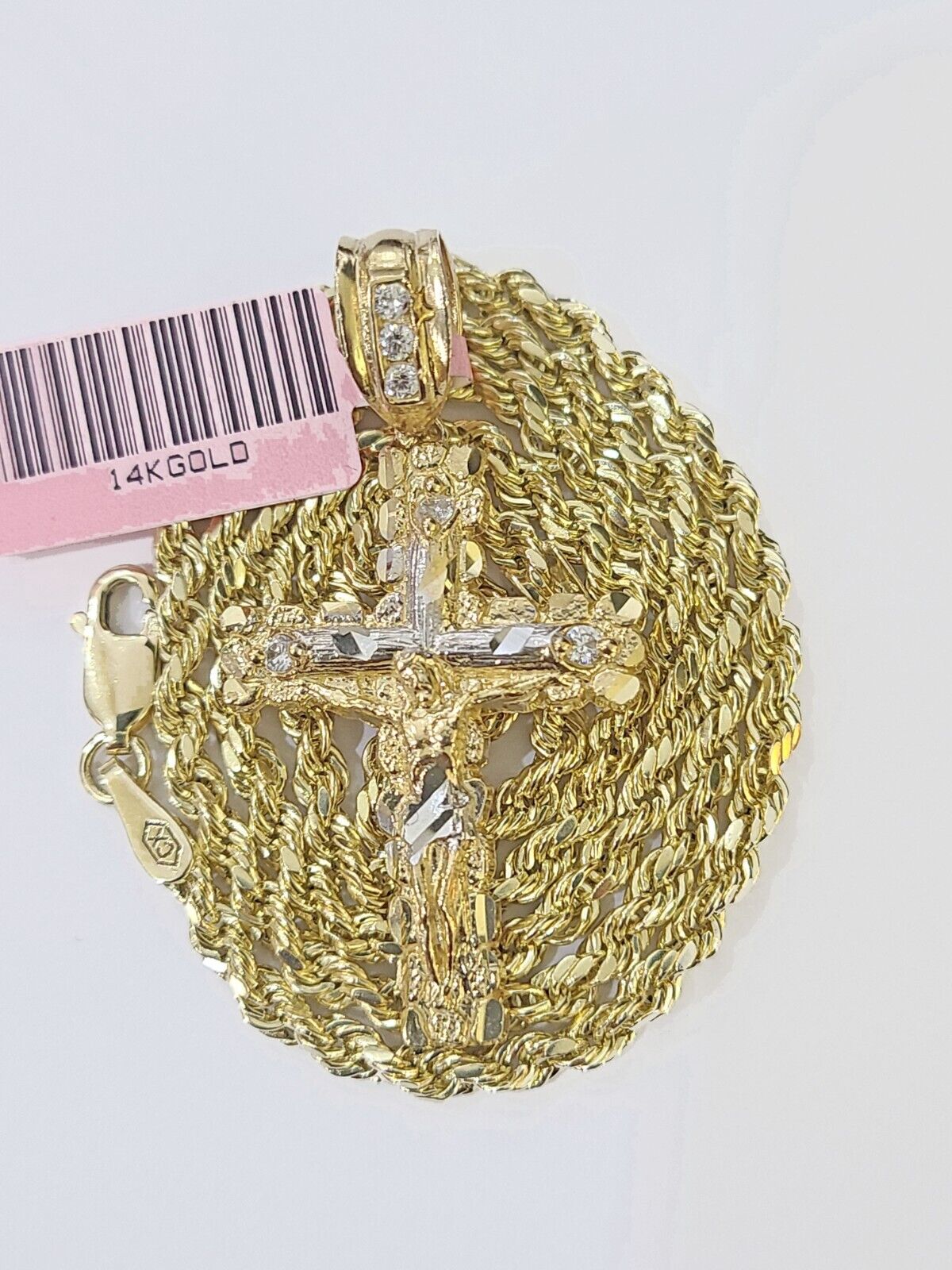 14k Yellow Gold Rope Chain & Jesus Nugget Cross Charm SET 4mm 16 Inches Necklace