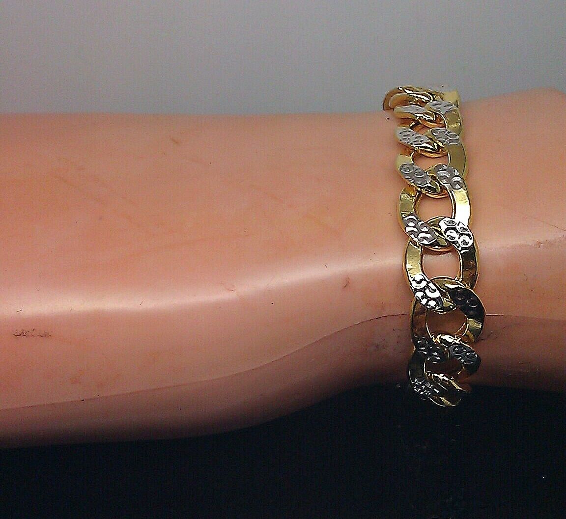 Real 10K Yellow Gold Cuban Link Bracelet Diamond Cut Two tone Lobster Lock