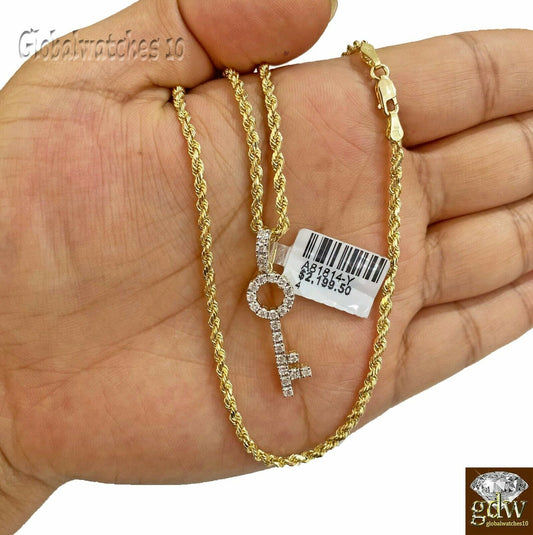 10k Gold Diamond Key Charm Pendant with Rope Chain in 20 22 24 26 inch,Real Gold