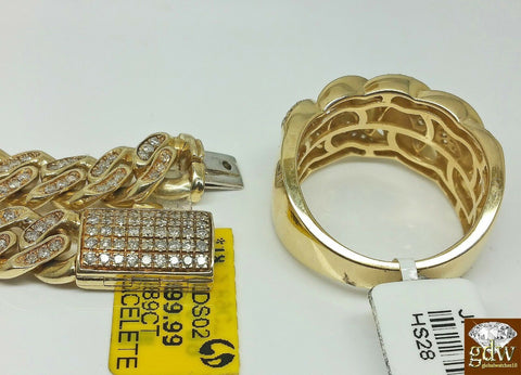 10k Yellow Gold Miami Cuban Bracelet With Diamonds Along With Matching Ring