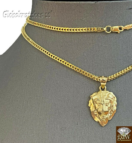10k Gold Charm Pendant Lion Head with Franco Chain in 20 22 24 26 Inch Real Gold