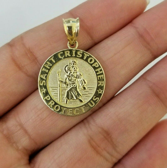 10k Yellow Gold Circle Saint Cristopher Charm 1Inch,10kt Round Pendent Real Gold