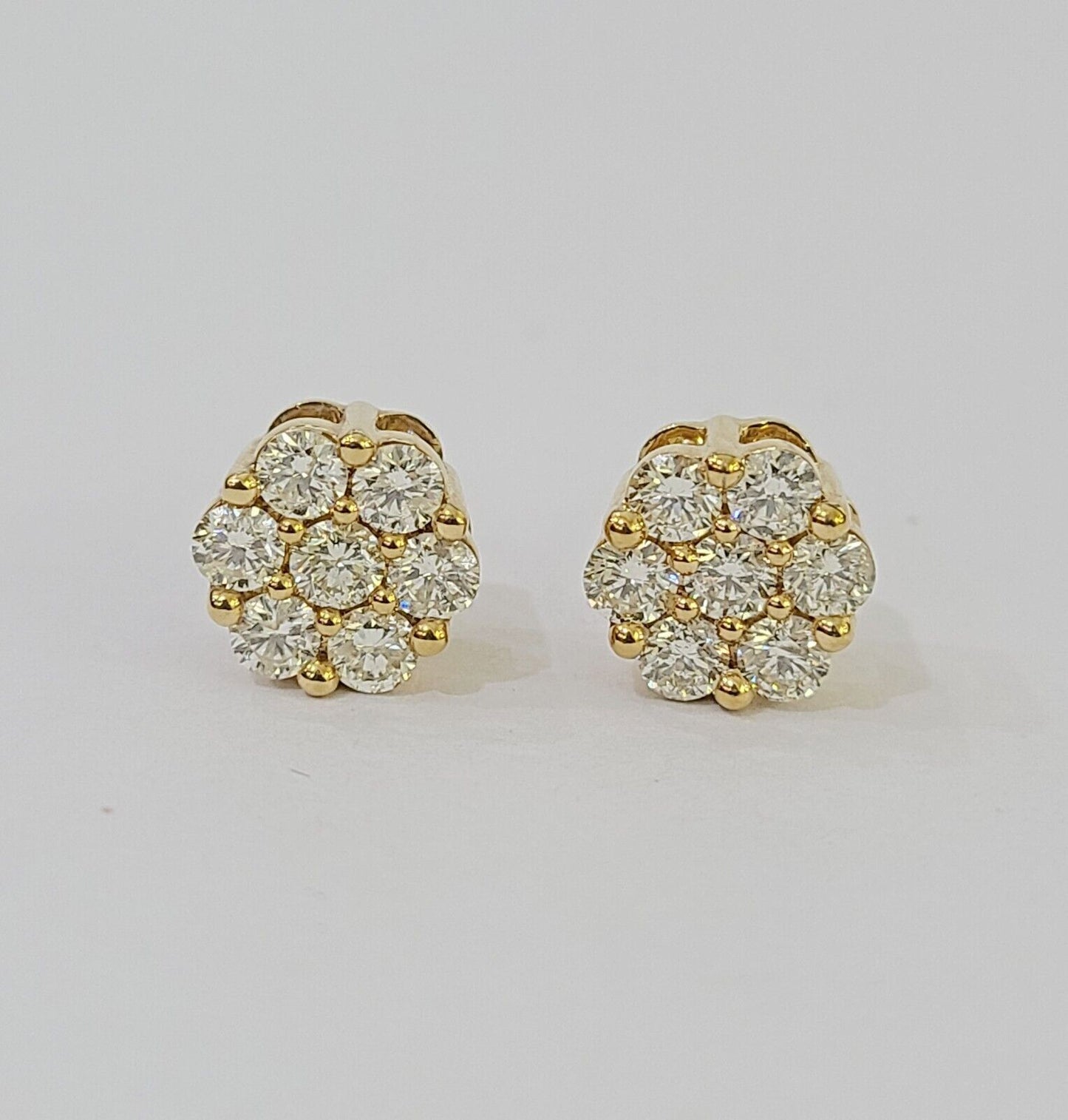 10k Yellow gold Flower Earrings Real Diamond screw-back Women Men studs