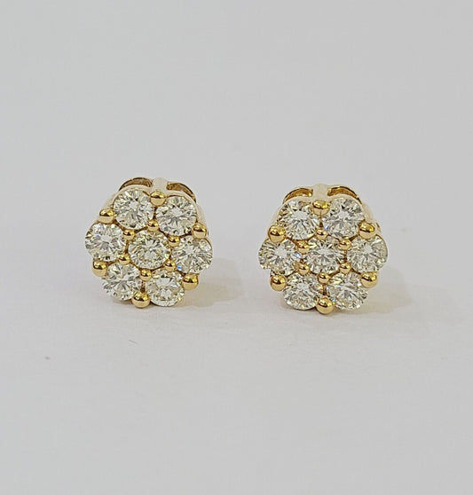 10k Yellow gold Flower Earrings Real Diamond screw-back Women Men studs