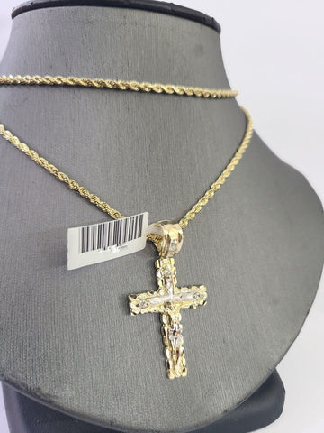 14k Yellow Gold Rope Chain 2.5mm 16Inches & Jesus Nugget Cross Charm SET