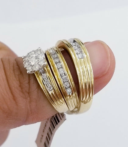 Solid 14k Gold Diamond Ring Set Trio Wedding Band REAL His Her Set