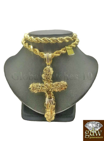 Real 10k Gold Nugget Jesus Crucifix Cross Pendent Charm with 24 Inch Rope Chain.