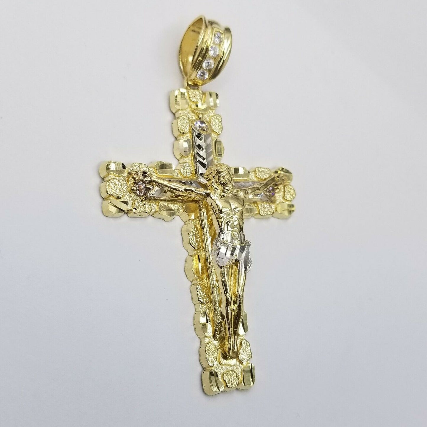 Mens 10k Yellow Gold Cross Charm Diamond Cut Pendant Byzantine Chain in 24" Real